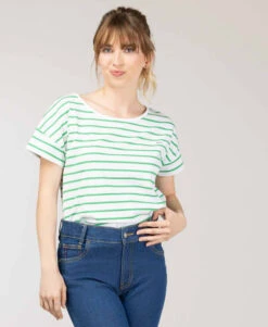 Marinière Femme à Manches Courtes : L'Élégance du Rayé Vert et Blanc