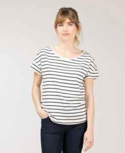 Marinière Femme Manches Courtes - Rayures Bleu Marine sur Fond Grège