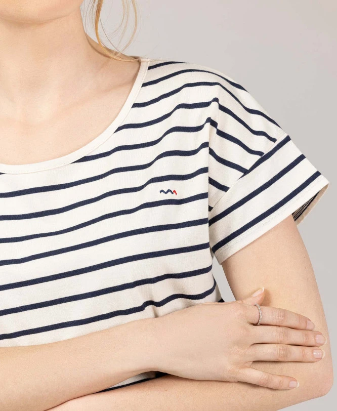 Marinière Femme Manches Courtes - Rayures Bleu Marine sur Fond Grège 5 Marinière Femme Manches Courtes - Rayures Bleu Marine sur Fond Grège – Image 3