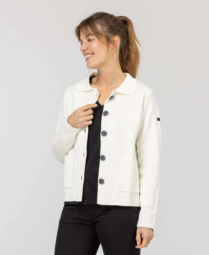 Cardigan IXODE Blanc Cassé Femme - Gilet Casual avec Boutons Gravés 3 Cardigan IXODE Blanc Cassé Femme - Gilet Casual avec Boutons Gravés