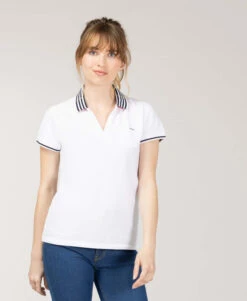 Polo Blanc Femme Sophistiqué avec Col en Bord-Côte Rayé