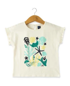 T-shirt Fille Grège avec Imprimé Graphique et Manches Volantées