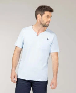 AGOR Tee-shirt Col Tunisien en Maille Flammée - Bleu Azur