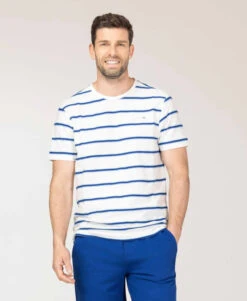 T-shirt Col Tunisien Rayé Bleu et Vert pour Homme