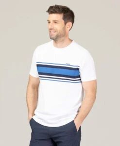 THEAU T-shirt Blanc à Rayures Poitrine Homme