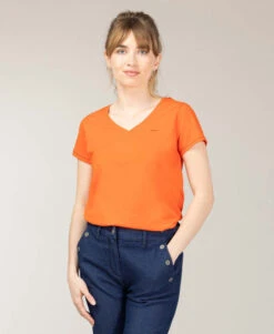 T-shirt Col V Orange Femme - Coupe Confortable Tarina
