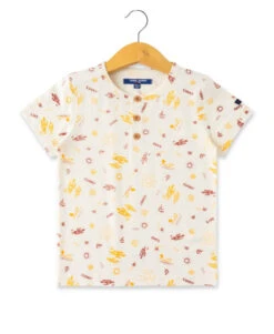 T-Shirt Garçon en Coton Recyclé à Imprimé Multicolore et Détails Bois