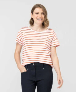 Marinière Tasmar à Manches Courtes - Blanc et Orange pour Femme