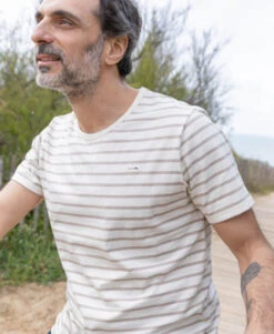 ECOHOK Marinière Homme Manches Courtes - Grège Rayé Jaune