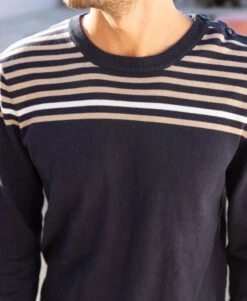 Pull Terre de Marins Bleu Marine avec Ouverture Épaule Homme