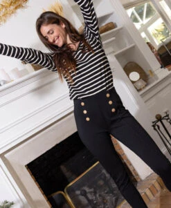 T-shirt Rayé Noir Femme Manches Longues avec Détails Lurex Doré