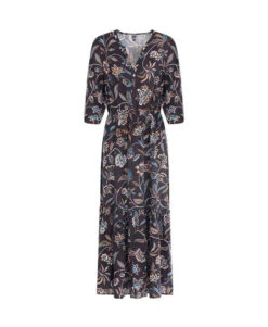 Robe Longue Bohème Imprimé Floral Bleu Nuit à Volants