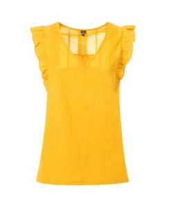 T-shirt Jaune en Coton Arum avec Broderie Anglaise et Volants