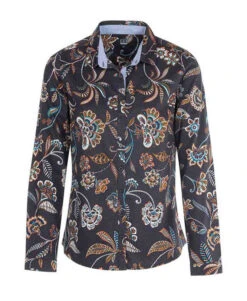 Midnight Blue Printed Blouse - Elegant Long-Sleeve Cotton Shirt for Women