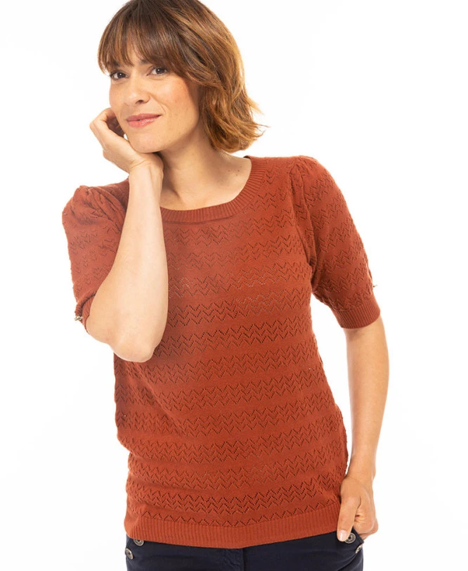 Short Sleeve Rust Knit Sweater with Elegant Pointelle Detail 6 Short Sleeve Rust Knit Sweater with Elegant Pointelle Detail – Image 4