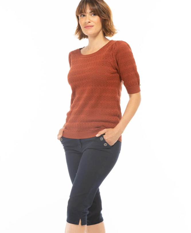 Short Sleeve Rust Knit Sweater with Elegant Pointelle Detail 7 Short Sleeve Rust Knit Sweater with Elegant Pointelle Detail – Image 5