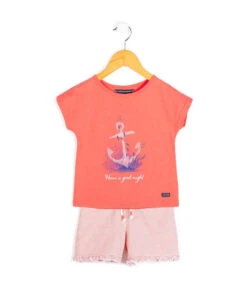 Ensemble Pyjama Fille Corail : T-shirt Imprimé et Short à Volants
