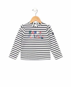Girls' Long Sleeve Striped Jersey Tee with Ruffled Shoulders