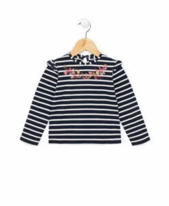 Girls' Long Sleeve Striped T-Shirt with Ruffled Shoulders - Indigo & Pink