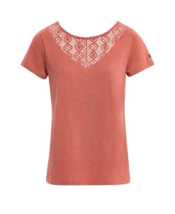 T-shirt Femme Rouge Brique à Encolure Dentelle Ajourée