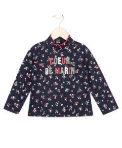 T-shirt Manches Longues Fille en Coton avec Imprimé Fleuri et Col Volanté