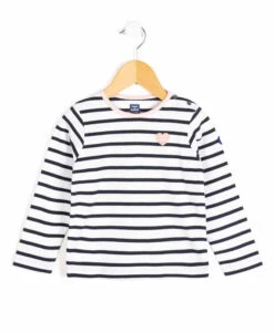 Marinière Fille à Manches Longues POBATI - Rayé Blanc et Indigo