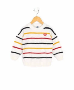 Pull Rayé Multicolore Fille en Coton Doux avec Badge Cœur