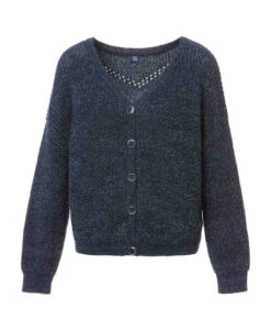Gilet Femme Bleu Marine Chic à Fils Métallisés et Col V