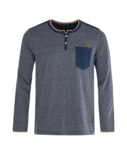 T-shirt Homme Manches Longues Rayé avec Poche Poitrine et Boutons