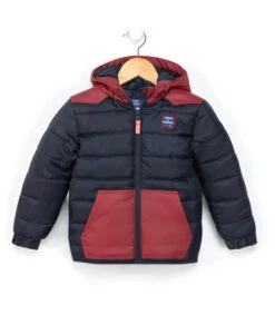 Doudoune à Capuche Garçon Déperlante - Bleu Marine & Rouge