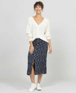 Jupe Mi-longue Fluide Imprimée Bleu Marine avec Taille Élastiquée