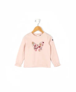 Tee-shirt Fille Manches Longues Rose Pâle à Motif Papillon