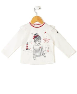 Girls' 100% Cotton Long Sleeve T-Shirt with Ruffled Shoulders - Natural White