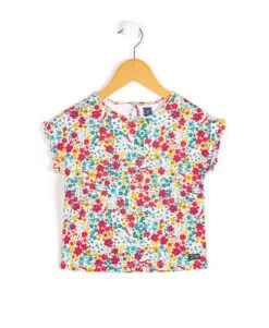 Girls' Floral Print T-Shirt with Ruffle Sleeves and Easy-Back Opening
