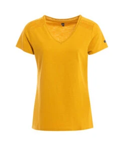 T-shirt Col V Femme Jaune Ambre avec Détails Ajourés