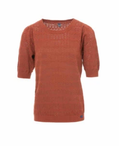 Short Sleeve Rust Knit Sweater with Elegant Pointelle Detail
