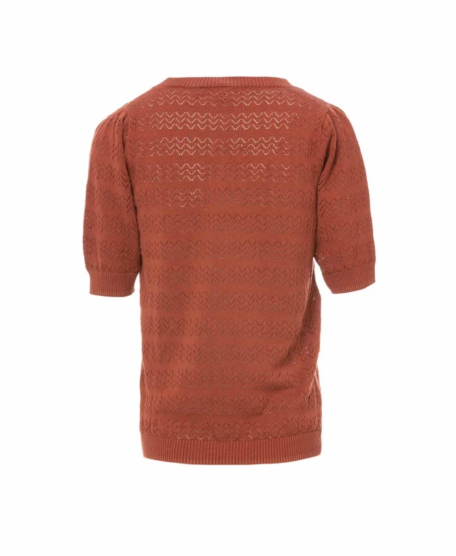 Short Sleeve Rust Knit Sweater with Elegant Pointelle Detail 4 Short Sleeve Rust Knit Sweater with Elegant Pointelle Detail – Image 2