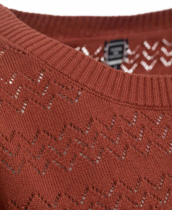 Short Sleeve Rust Knit Sweater with Elegant Pointelle Detail 5 Short Sleeve Rust Knit Sweater with Elegant Pointelle Detail – Image 3