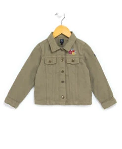 Veste en Jean Kaki pour Fille avec Fleurs Brod&eacute;es et Boutons-Pression