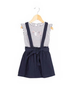 Ensemble Fille WOUI : Jupe à Bretelles et T-shirt Rayé Bleu Nuit