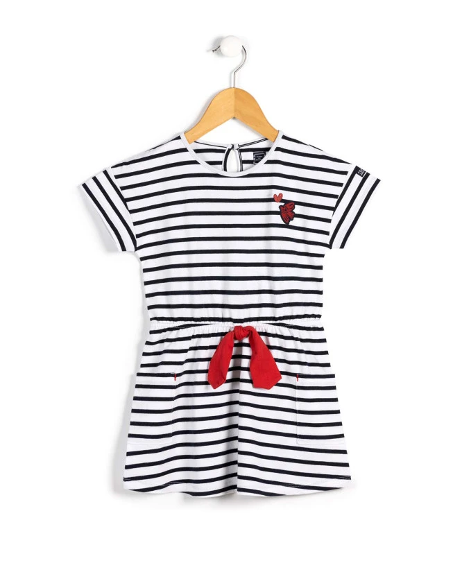 Robe Fille à Rayures Indigo et Blanc - Style Marin avec Nœud Contrasté 3 Robe Fille à Rayures Indigo et Blanc - Style Marin avec Nœud Contrasté
