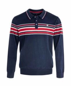 Pull Homme Bleu Marine à Col Polo et Rayures Placées