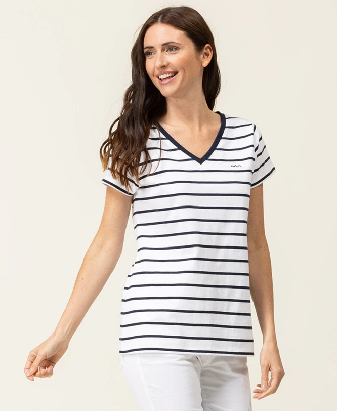 PALAVA Marinière Femme à Manches Courtes et Col V - Blanc Rayé Bleu Marine 3 PALAVA Marinière Femme à Manches Courtes et Col V - Blanc Rayé Bleu Marine