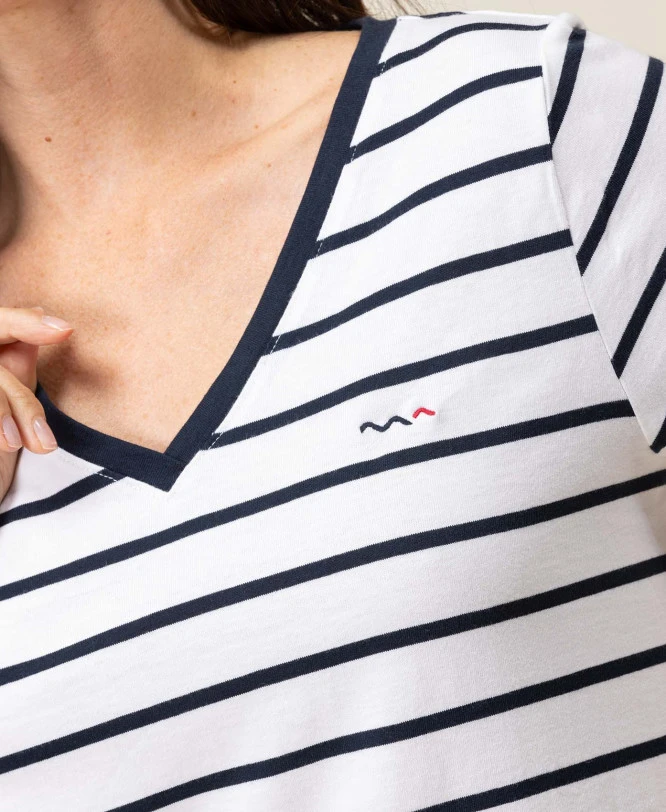 PALAVA Marinière Femme à Manches Courtes et Col V - Blanc Rayé Bleu Marine 5 PALAVA Marinière Femme à Manches Courtes et Col V - Blanc Rayé Bleu Marine – Image 3