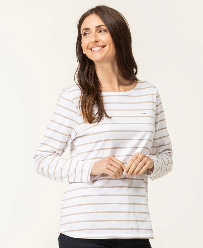 Pacage Marinière Femme Manches Longues - Blanc et Beige Rayé