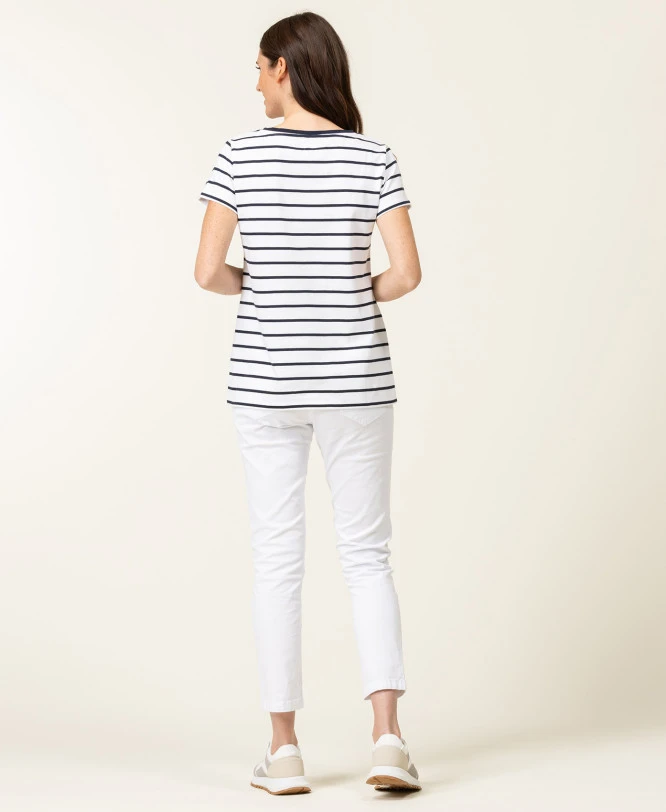 PALAVA Marinière Femme à Manches Courtes et Col V - Blanc Rayé Bleu Marine 7 PALAVA Marinière Femme à Manches Courtes et Col V - Blanc Rayé Bleu Marine – Image 5