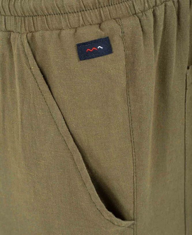 Pantalon Léger en Lin Vert Olive avec Taille Élastiquée 6 Pantalon Léger en Lin Vert Olive avec Taille Élastiquée – Image 4