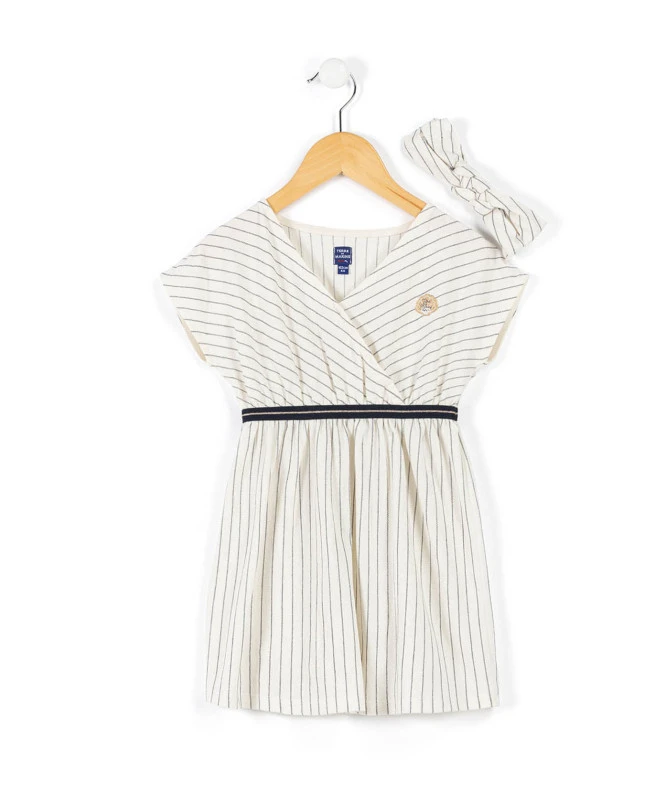 CROBY Ensemble Robe Fille Rayée Bleu Marine et Grège avec Bandeau Assorti 3 CROBY Ensemble Robe Fille Rayée Bleu Marine et Grège avec Bandeau Assorti