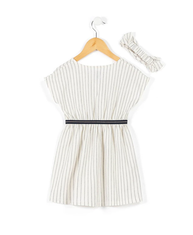 CROBY Ensemble Robe Fille Rayée Bleu Marine et Grège avec Bandeau Assorti 4 CROBY Ensemble Robe Fille Rayée Bleu Marine et Grège avec Bandeau Assorti – Image 2
