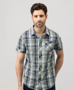 Chemise Homme à Carreaux Vert Olive - Coupe Manches Courtes Casual